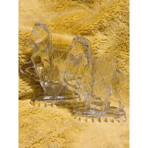 L.E. Smith Art Glass Crystal Horse Vase Set Of 2 Vintage Toothpick Holder Retro￼